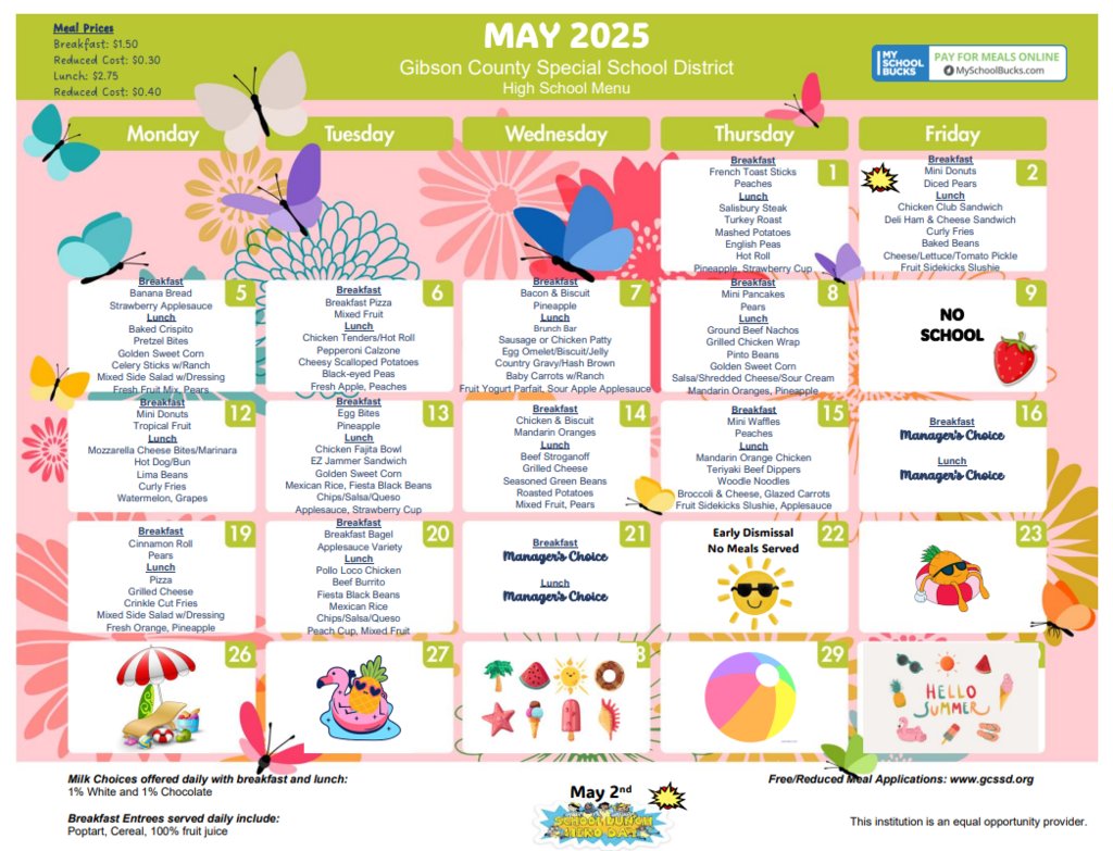 May is here, and so is the last school menu! 🗓️ Time to see what deliciousness awaits before summer break! ☀️🍔🥗