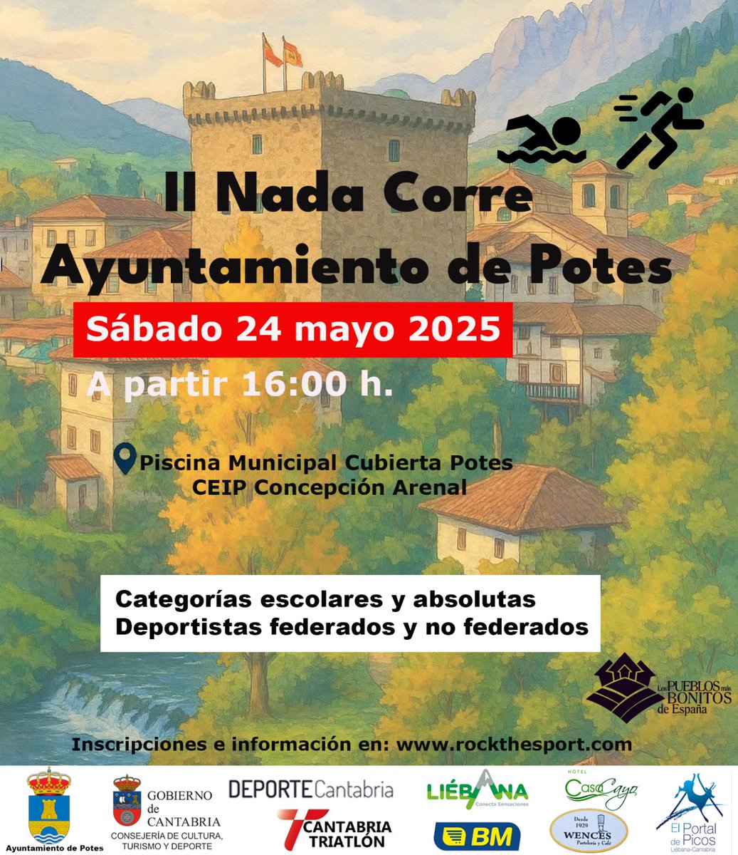 Cantabria Triatlón (@cantabriatriatl) on Twitter photo II NADA CORRE AYUNTAMIENTO DE POTES
II Circuito Escolar de Nada Corre 2025
📍Piscina Municipal y Circuito Urbano carrera a pie
🗓Sábado 24 MAYO 2025
🕓16:00 h.
Información e Inscripciones a través de rockthesport.com
<a href="/DeportesGobCant/">Deporte de Cantabria</a>
<a href="/AytoPotes/">Ayuntamiento de Potes</a> II NADA CORRE AYUNTAMIENTO DE POTES
II Circuito Escolar de Nada Corre 2025
📍Piscina Municipal y Circuito Urbano carrera a pie
🗓Sábado 24 MAYO 2025
🕓16:00 h.
Información e Inscripciones a través de rockthesport.com
<a href="/DeportesGobCant/">Deporte de Cantabria</a>
<a href="/AytoPotes/">Ayuntamiento de Potes</a>