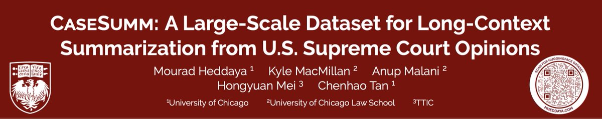 Mourad Heddaya (@mouradheddaya) on Twitter photo 🧑⚖️How well can LLMs summarize complex legal documents? And can we use LLMs to evaluate?
Excited to be in Albuquerque presenting our paper this afternoon at <a href="/naaclmeeting/">NAACL HLT 2025</a> 2025!
We develop CaseSumm, a comprehensive dataset comprising 25K U.S. Supreme Court opinions and their 🧑⚖️How well can LLMs summarize complex legal documents? And can we use LLMs to evaluate?
Excited to be in Albuquerque presenting our paper this afternoon at <a href="/naaclmeeting/">NAACL HLT 2025</a> 2025!
We develop CaseSumm, a comprehensive dataset comprising 25K U.S. Supreme Court opinions and their
