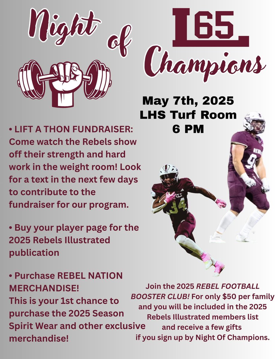Rebel Football Booster (@rebelbooster) on Twitter photo Night of Champions, May 7th <a href="/6pm/">Follow us @Shop6pm!</a>. Come out and get your new gear for Team 65 and come show your support to the boys during the lift-a-thon.
<a href="/Legacyrebels/">Midland Legacy High School</a> Night of Champions, May 7th <a href="/6pm/">Follow us @Shop6pm!</a>. Come out and get your new gear for Team 65 and come show your support to the boys during the lift-a-thon.
<a href="/Legacyrebels/">Midland Legacy High School</a>
