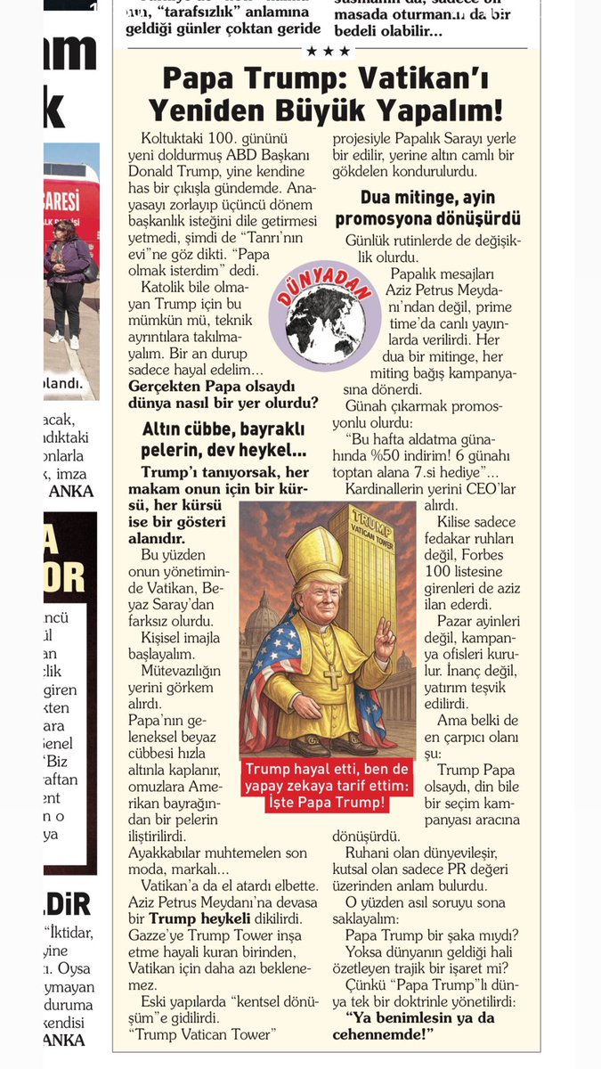 Bugünkü yazıdan bir bölüm
Trump Papa olsaydı… 

Yazının tamamı:

korkusuz.com.tr/sermaye-ye-mes…