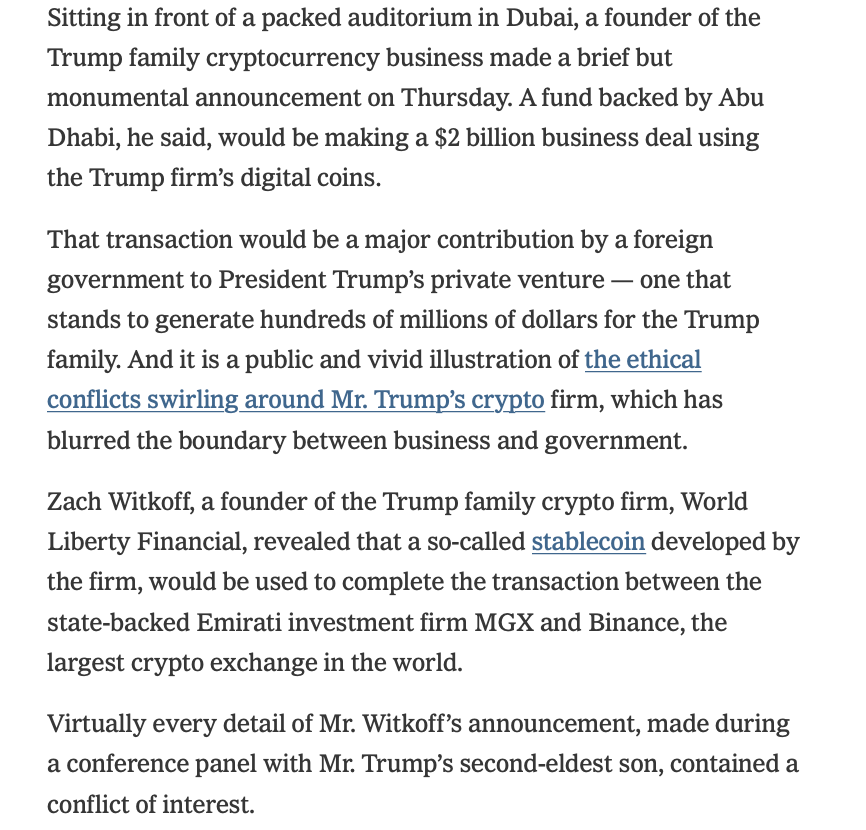 RichardHanania's tweet photo. Gulf Arabs are now using Trump crypto as currency. 

There's such a surreal aspect to sentences like this. 

It was announced by Steve Witkoff's son who was on a conference panel with Eric Trump.

I'm just out of words to describe the corruption of this administration. https://t.co/pxJZ3cecyh