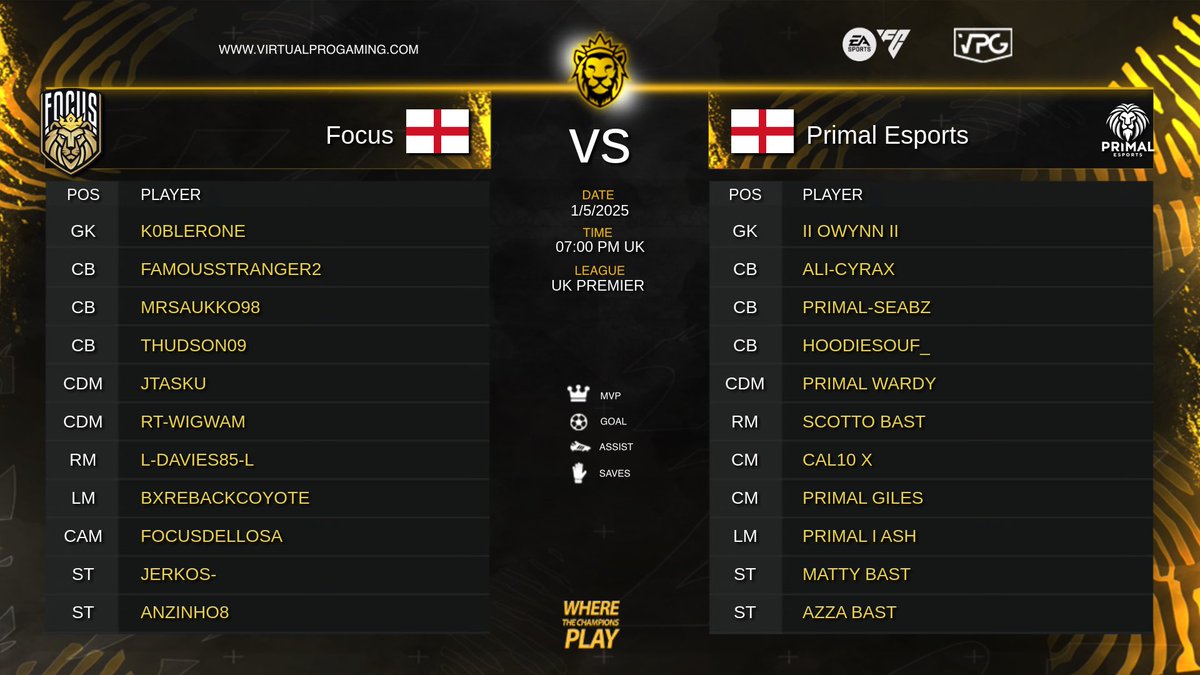 Virtual Pro Gaming (@officialvpg) on Twitter photo Competitive 11v11 Clubs
โฝ๏ธ <a href="/EASPORTSFC/">EA SPORTS FC</a>
๐ <a href="/VPGUK/">VPG UK Leagues</a> Premier ๐ฌ๐ง
๐
Thursday 1st May!
๐๏ธ Presented by <a href="/proclubs_weekly/">Pro Clubs Weekly</a>
<a href="/FocusVFC/">Focus</a> ๐ <a href="/PrimalVPG/">Primal Esports</a>
๐บ Live at 8pm UK - youtube.com/virtualprogamiโฆ
๐ฅ FOCUS XI
<a href="/DellosaVPG/">Arron Louis Dellosa</a>
@l_davies85_l
<a href="/bxrebackcoyote/">Bxrebackcoyote</a>
<a href="/TheMadJaffa/">FamousStranger</a>
<a href="/wigwam1484/">Wigwam1484</a>
<a href="/MrSAUKKO98/">MrSAUKKO98 ๐ซ๐ฎ</a> Competitive 11v11 Clubs
โฝ๏ธ <a href="/EASPORTSFC/">EA SPORTS FC</a>
๐ <a href="/VPGUK/">VPG UK Leagues</a> Premier ๐ฌ๐ง
๐
Thursday 1st May!
๐๏ธ Presented by <a href="/proclubs_weekly/">Pro Clubs Weekly</a>
<a href="/FocusVFC/">Focus</a> ๐ <a href="/PrimalVPG/">Primal Esports</a>
๐บ Live at 8pm UK - youtube.com/virtualprogamiโฆ
๐ฅ FOCUS XI
<a href="/DellosaVPG/">Arron Louis Dellosa</a>
@l_davies85_l
<a href="/bxrebackcoyote/">Bxrebackcoyote</a>
<a href="/TheMadJaffa/">FamousStranger</a>
<a href="/wigwam1484/">Wigwam1484</a>
<a href="/MrSAUKKO98/">MrSAUKKO98 ๐ซ๐ฎ</a>