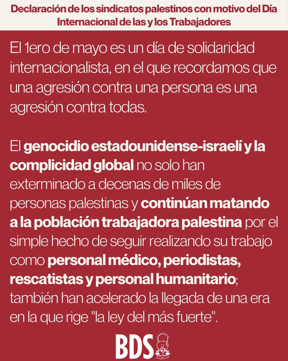 ✊🏼🇵🇸 En el Dia Internacional de les Treballadores, el Moviment BDS ha difós un comunicat dels sindicats palestins, que renoven de manera urgent la seua crida als sindicats de tot el món perquè intensifiquen tots els esforços per a posar fi a la complicitat en el genocidi...
🧵