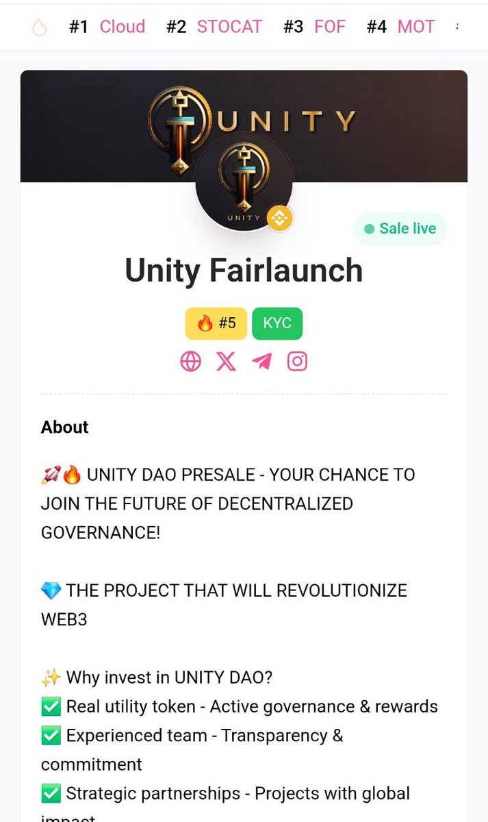 ommmm4's tweet image. The @unitycontructio presale has just gone live on BSC — and it&apos;s already making waves, trending #5 on PinkSale. This isn’t just another token. It is a an audited, KYC-verified project with 5-year locked liquidity.

#UnityDAO #UnityPresale #Crypto #DeFi #DAO #BSC