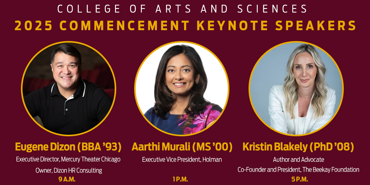 Loyola University, College of Arts and Sciences (@cas_loyola) on Twitter photo Class of 2025, meet your commencement keynote speakers! โจ
๐ 9 AM: Eugene Dizon (BBA '93)
๐ 1 PM: Aarthi Murali (MS '00)
๐ 5 PM: Kristin Blakely (PhD '08)
Get to know the <a href="/Loyola_Alumni/">LoyolaChicago Alumni</a> sharing their wisdom at the May 9 ceremonies: bit.ly/3QzDKx6 Class of 2025, meet your commencement keynote speakers! โจ
๐ 9 AM: Eugene Dizon (BBA '93)
๐ 1 PM: Aarthi Murali (MS '00)
๐ 5 PM: Kristin Blakely (PhD '08)
Get to know the <a href="/Loyola_Alumni/">LoyolaChicago Alumni</a> sharing their wisdom at the May 9 ceremonies: bit.ly/3QzDKx6