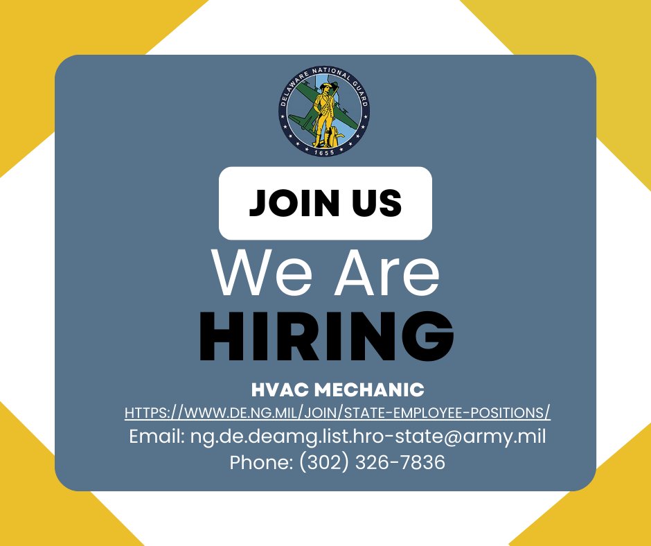 Join the Delaware National Guard as an HVAC mechanic! This civilian role keeps our facilities running—no military service required. Apply by May 20!
📌 Apply now: bit.ly/44sJX3L
#DECareers #HVACJobs #NowHiring #StateOfDelaware #JoinOurTeam