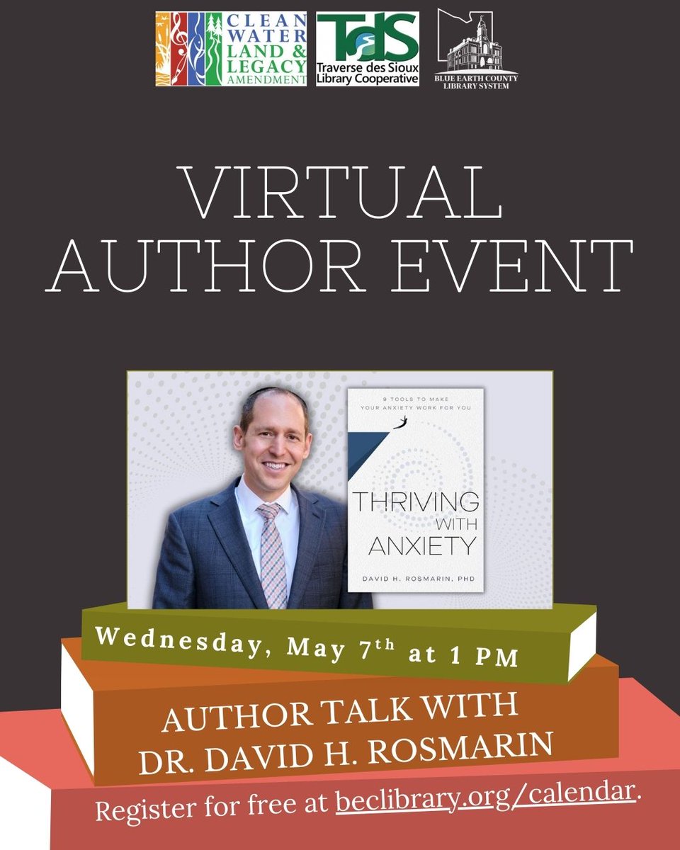 Next Wednesday, virtually join us at 1 PM for a chat with author, clinical psychologist, scientist, educator, and keynote speaker Dr. David Rosmarin as he discusses his book "Thriving with Anxiety." Register here: libraryc.org/beclibrary/
