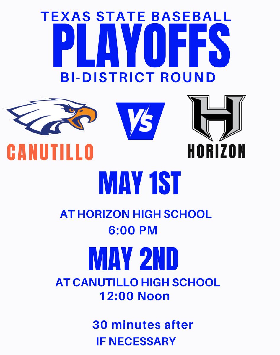 Bi-District Playoffs
Game day!!! Come out to support your 
🦅🦅Canutillo Eagles  🦅🦅

🆚 Horizon

⏰ 6:00 pm
📍Horizon HS