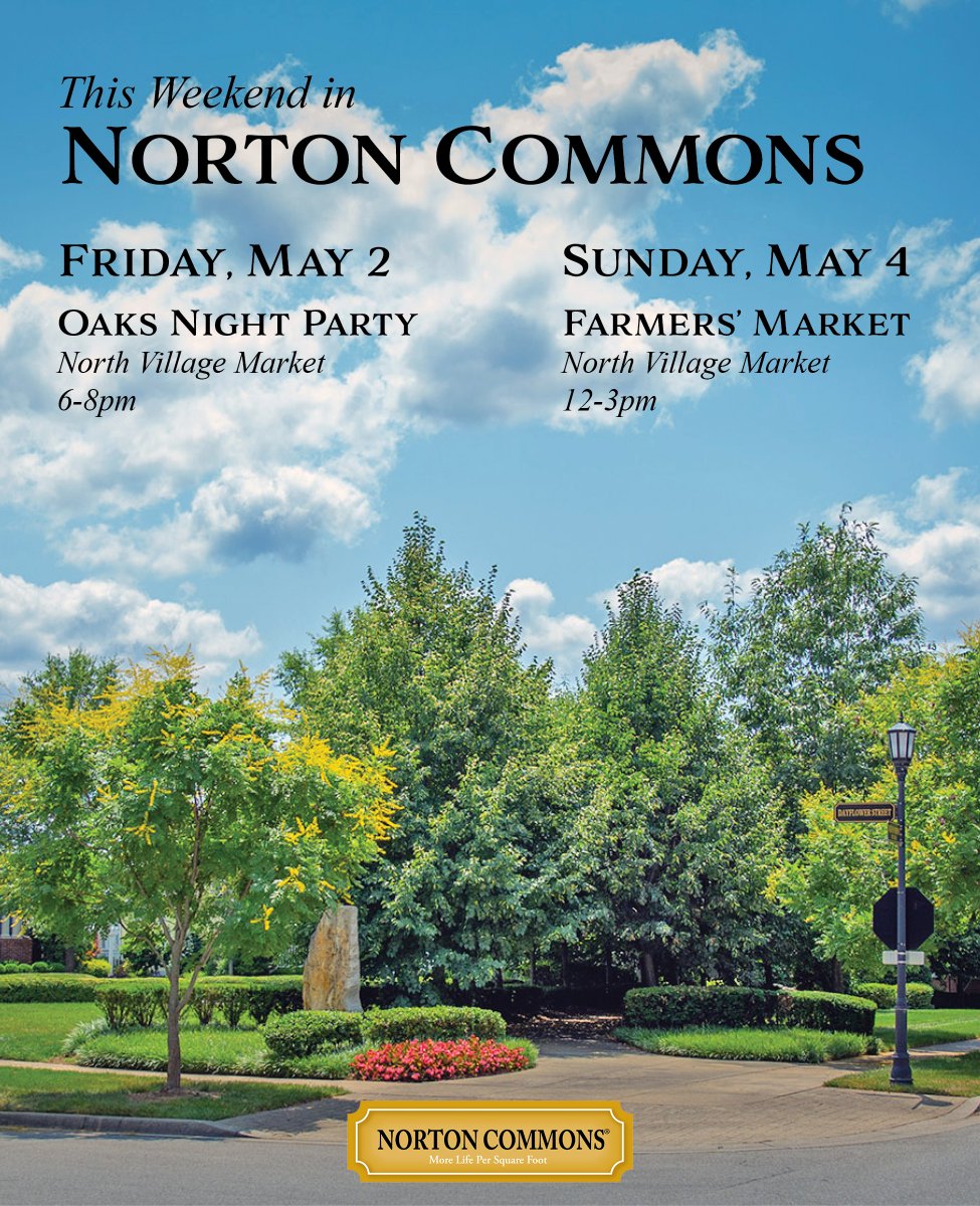 You do not want to miss this weekend in Norton Commons! Starting with our Oaks Night Party on Friday and continuing until our Sunday Farmers’ Market on Sunday, there’s plenty of fun to be had by everyone. We’ll see you there! #NortonCommonsLife
