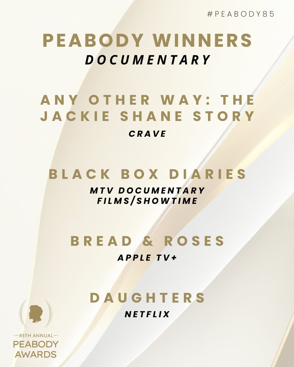 PeabodyAwards's tweet photo. Addressing essential themes of humanity, justice, and resilience, these Peabody-winning documentaries embody the essence of #StoriesThatMatter.

https://t.co/FSpFEwzGLp
#PeabodyAwards #Peabody85 #Documentary https://t.co/prvr9ElNVP