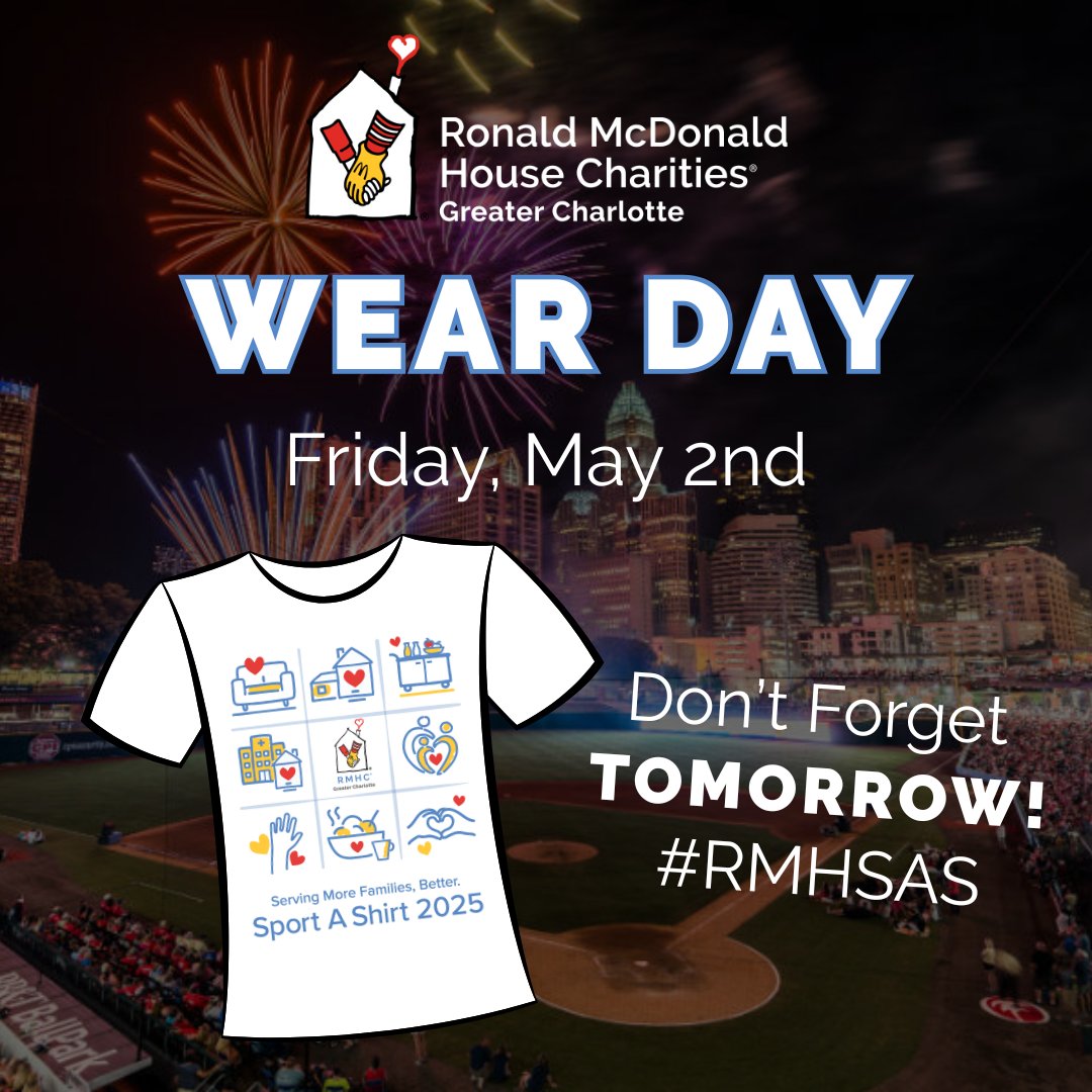 Rock your 2025 Sport a Shirt TOMORROW on Wear Day and show your support for families with sick children. 💙 Every shirt helps raise awareness and funds for RMHC of GC - keeping families close when it matters most. Don’t forget to tag @RMHCLT and use #RMHSAS to spread the love! ✨