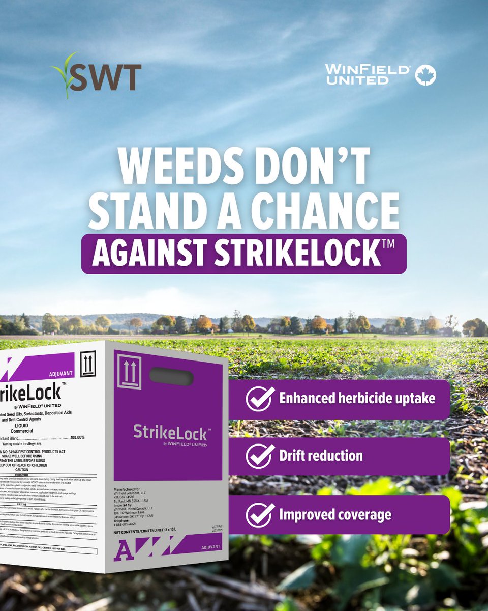 StrikeLock™ takes your herbicide game to the next level with powerful penetration and built-in drift control—getting the product where it needs to go and keeping it there.

Ask one of our locations about StrikeLock or learn more at winfieldunited.ca/en/crop-protec…
 
#strikelock #spraying