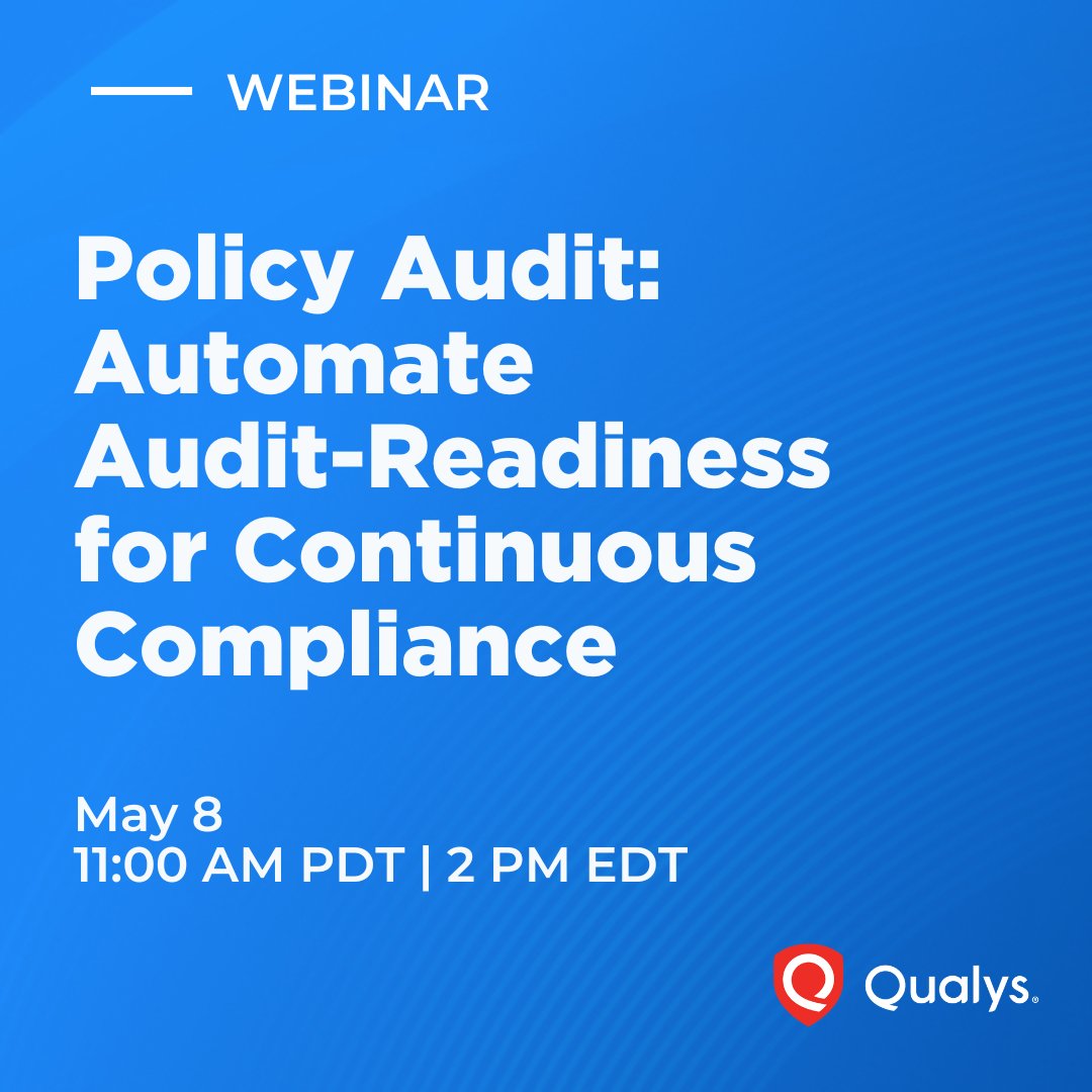 qualys's tweet image. Struggling to keep up with compliance audits? Manual methods are slow &amp;amp; costly. Learn about @Qualys Policy Audit - our new solution designed to automate audit readiness, streamline evidence collection, &amp;amp; bridge compliance with security: bit.ly/3YkSvb2

#AuditAutomation