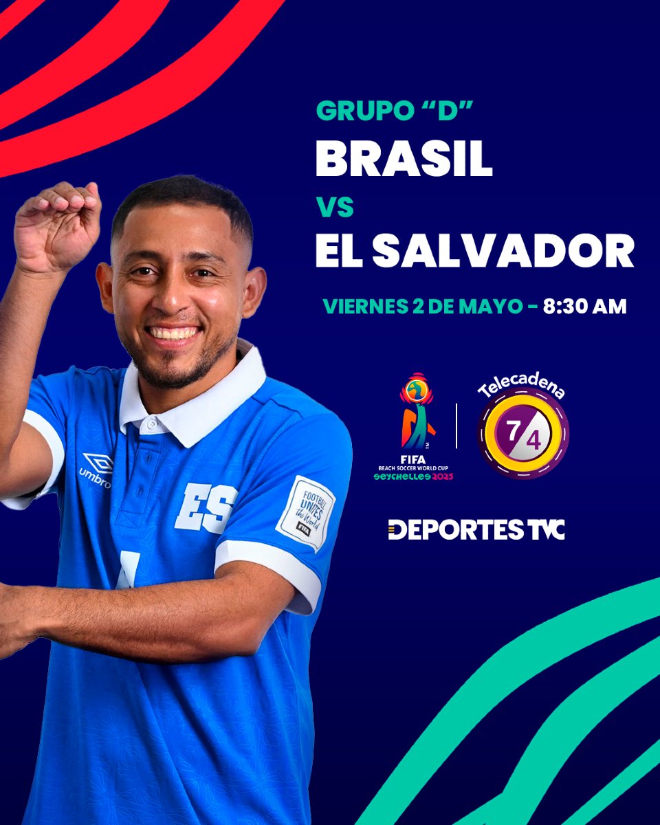 DeportesTVC's tweet photo. ¡EL SALVADOR DEBUTA EN EL MUNDIAL DE FÚTBOL PLAYA!🤩🔥
#Brasl🇧🇷🆚 #ElSalvador🇸🇻
🗓️| Viernes 2 De Mayo
🕖 | 8:30 AM
📺| Telecadena 7y4 https://t.co/D2s2dXvA1W