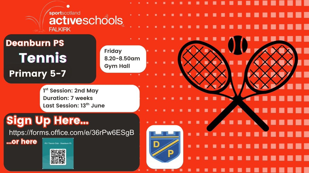 Steph Active Schools (@asc_steph) on Twitter photo We have a new breakfast tennis club starting tomorrow at <a href="/DeanburnPS/">Deanburn Primary</a>!
Open to all P5-7 pupils, meet us in the gym hall at 8.20am! 🎾
<a href="/Deanburnpcdfg/">Deanburn Parent Council</a> <a href="/DeanburnPS_P7A/">DeanburnPS P7A</a> <a href="/DeanburnPSP6MC/">Deanburn P6MC with Miss Mason & Mrs Custer</a> <a href="/DeanburnPS_P7B/">DeanburnPS P7B</a> <a href="/DeanburnPS_P5M/">Miss Miller & P5M</a> <a href="/DeanburnP6HE/">Deanburn PS P6HE</a> We have a new breakfast tennis club starting tomorrow at <a href="/DeanburnPS/">Deanburn Primary</a>!
Open to all P5-7 pupils, meet us in the gym hall at 8.20am! 🎾
<a href="/Deanburnpcdfg/">Deanburn Parent Council</a> <a href="/DeanburnPS_P7A/">DeanburnPS P7A</a> <a href="/DeanburnPSP6MC/">Deanburn P6MC with Miss Mason & Mrs Custer</a> <a href="/DeanburnPS_P7B/">DeanburnPS P7B</a> <a href="/DeanburnPS_P5M/">Miss Miller & P5M</a> <a href="/DeanburnP6HE/">Deanburn PS P6HE</a>
