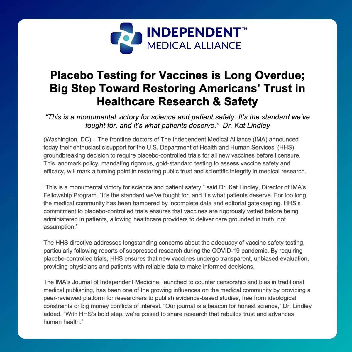 Honest_Medicine's tweet photo. BREAKING: HHS now requires placebo-controlled trials for all new vaccines before approval—a big step toward restoring public trust in healthcare. Transparency and safety must come first. https://t.co/Vb8w1PYrcT