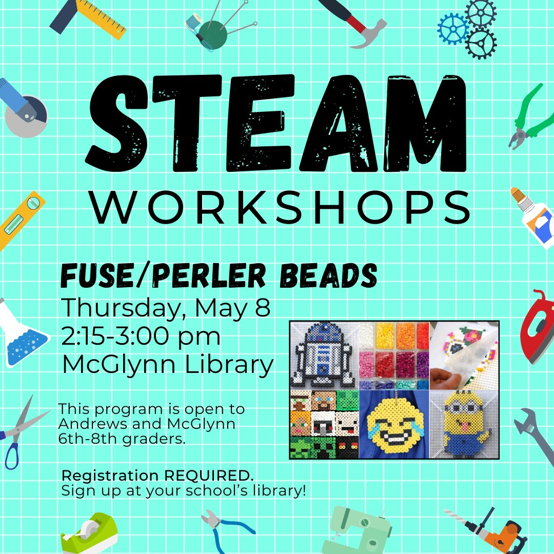 To register your child for the Fuse/Perler Beads STEAM Workshop on May 8, please fill out the registration Google Form: forms.gle/uUdfUHBP7ZGzj9…