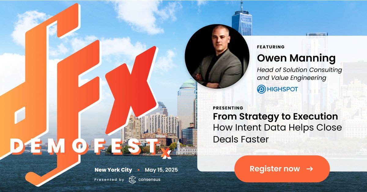 Are your GTM plans all...talk?

Strategy’s easy. Execution is where most teams stall.

At #DEMOFESTx East Coast, Owen Manning (@HighSpot) shows how to scale behavior change, align teams, and use AI + buyer intent to drive real results.

🗓 May 15 | NYC
🎟 hubs.ly/Q03ky90v0
