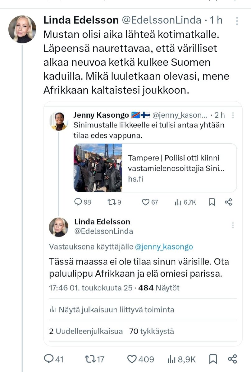 tosentti's tweet photo. Tällaiselle ”liikkeelle” tai puolueelle ei Suomessa ole sijaa. Täysin sietämätöntä, jos tämä vihaa lietsova äärioikeistoporukka hyväksytään puoluerekisteriin. Tässä rasismiaan julistaa Helsingin piirin varapuheenjohtaja. #sinimustat #rasismi https://t.co/oyMXFTPs2K