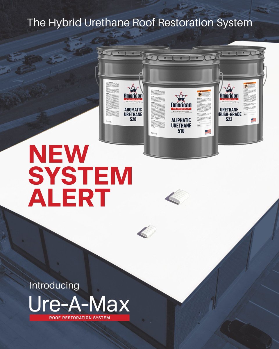 AmericanWStar's tweet photo. Introducing Ure-A-Max—our most advanced flat roof solution yet. ✨ This hybrid urethane system combines Aromatic Urethane 520 for strength and adhesion with Aliphatic Urethane 510 for unmatched UV stability and weather resistance.

#AmericanWeatherStar  #TeamAWS #RoofRestoration https://t.co/l0X15HrxWk