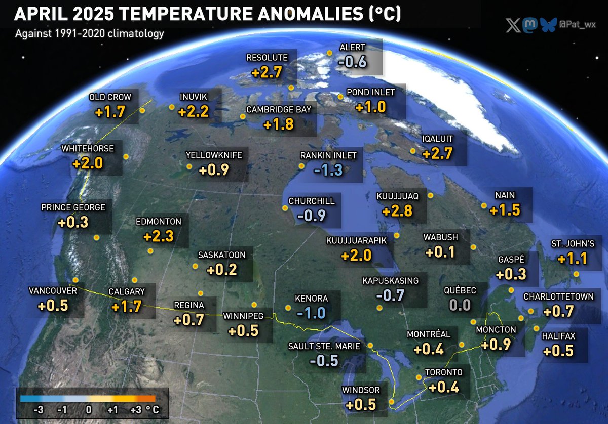 Pat_wx's tweet photo. April 2025 was generally warmer than normal across Canada, but cooler in parts of Quebec, Northern Ontario and Manitoba, and Southern Nunavut. The month was more notable for its strong temperature swings than its overall anomaly. #wxtwitter https://t.co/js8mcoVLqw
