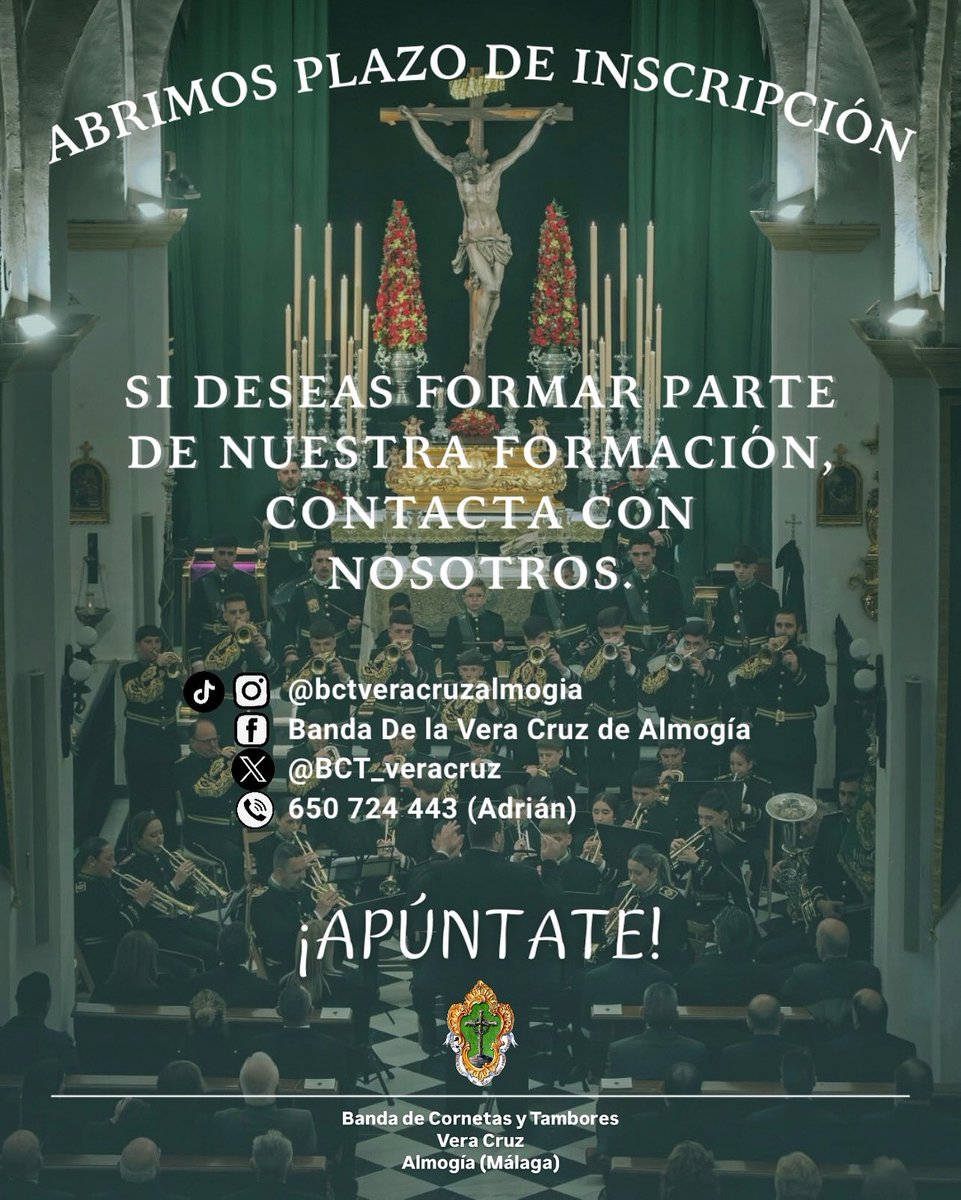 🎺✨ ¡𝐀𝐭𝐞𝐧𝐜𝐢ó𝐧 𝐚 𝐭𝐨𝐝𝐨𝐬 𝐥𝐨𝐬 𝐚𝐦𝐚𝐧𝐭𝐞𝐬 𝐝𝐞 𝐥𝐚 𝐦ú𝐬𝐢𝐜𝐚! 🎶

Nos complace anunciar que 𝐚𝐛𝐫𝐢𝐦𝐨𝐬 𝐞𝐥 𝐩𝐥𝐚𝐳𝐨 𝐝𝐞 𝐢𝐧𝐬𝐜𝐫𝐢𝐩𝐜𝐢ó𝐧 para formar parte de nuestra increíble banda de cornetas y tambores. Si tienes pasión por la música y ganas de