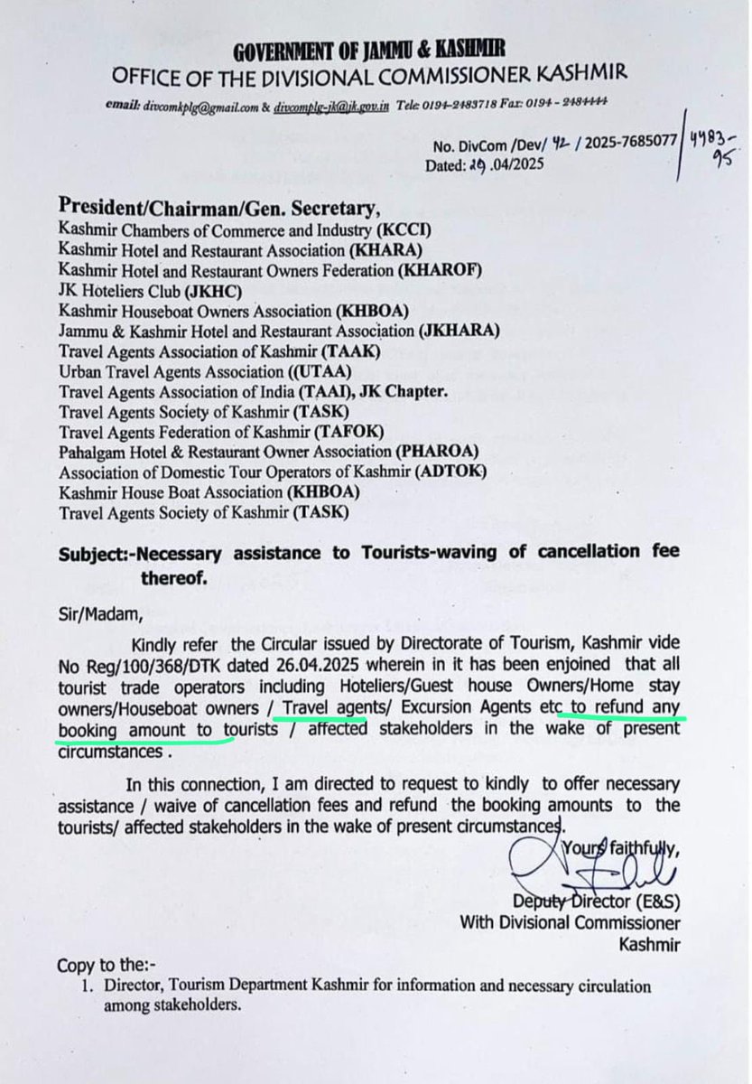 tshank30's tweet photo. I am posting hotel replies and government guidelines issued for pahalgam attack for travel agencies and flight bookings https://t.co/RceLgmO0DH