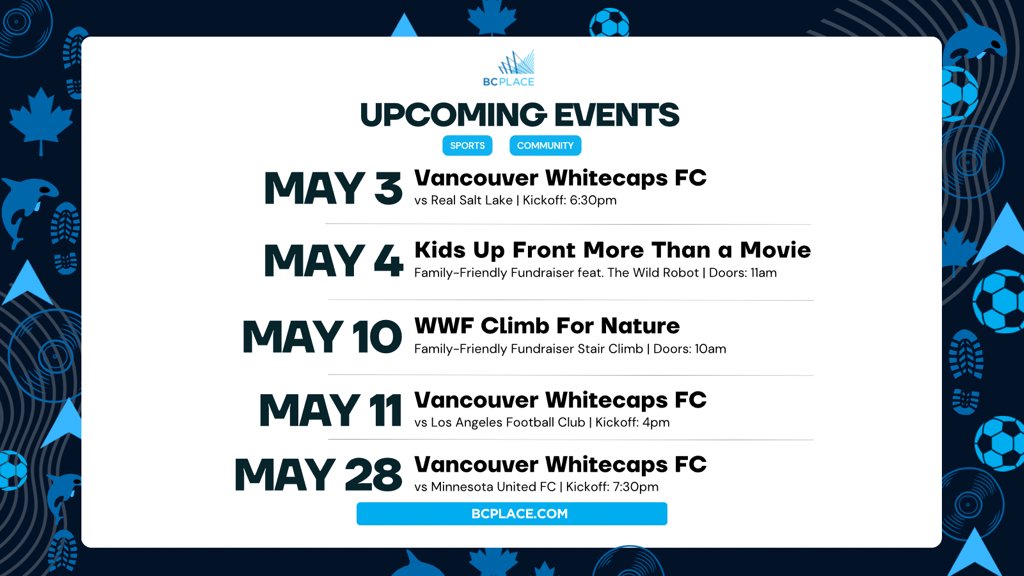 BC Place (@bcplace) on Twitter photo Top of the table 🤝 Top of the stairs
This month’s slate of events at BC Place includes your <a href="/whitecapsfc/">Vancouver Whitecaps FC</a> and <a href="/WWFCanada/">WWF-Canada</a> Climb for Nature.
Plus, join us this Sunday for <a href="/KidsUpFrontVan/">Kids Up Front Vancouver</a> More than a Movie!
#bcplace #vancouver #liveevents #VWFC #WWFClimb #KidsUpFront Top of the table 🤝 Top of the stairs
This month’s slate of events at BC Place includes your <a href="/whitecapsfc/">Vancouver Whitecaps FC</a> and <a href="/WWFCanada/">WWF-Canada</a> Climb for Nature.
Plus, join us this Sunday for <a href="/KidsUpFrontVan/">Kids Up Front Vancouver</a> More than a Movie!
#bcplace #vancouver #liveevents #VWFC #WWFClimb #KidsUpFront