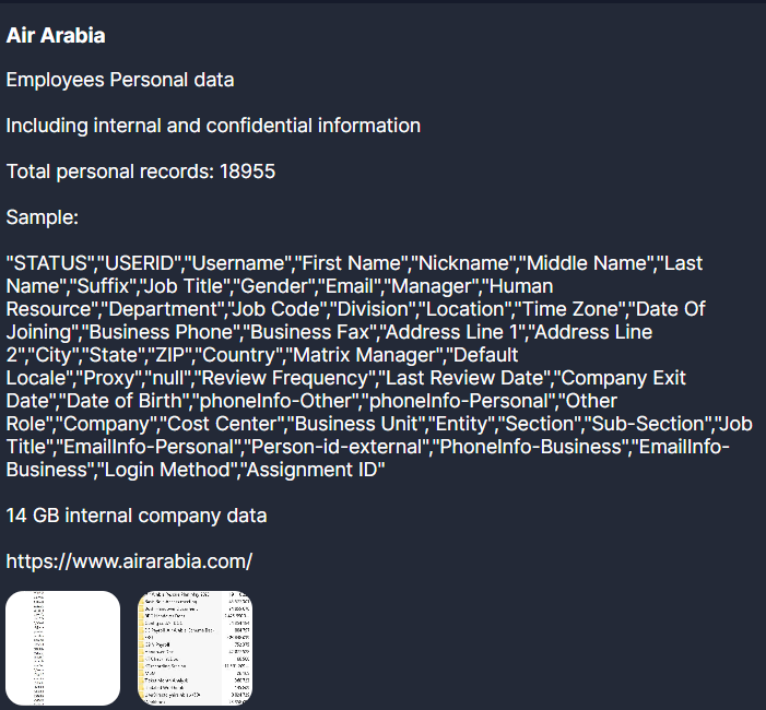 H4ckmanac's tweet photo. 🚨🚨🚨Cyberattack Alert‼️

🇦🇪UAE - Air Arabia

Everest hacking group claims to have breached Air Arabia.

According to the post, they managed to exfiltrate 18,955 personal records along with 14 GB of internal and confidential information.

Ransom deadline: 6 May 2025.

Discover more on https://t.co/yiQ1nOin8J