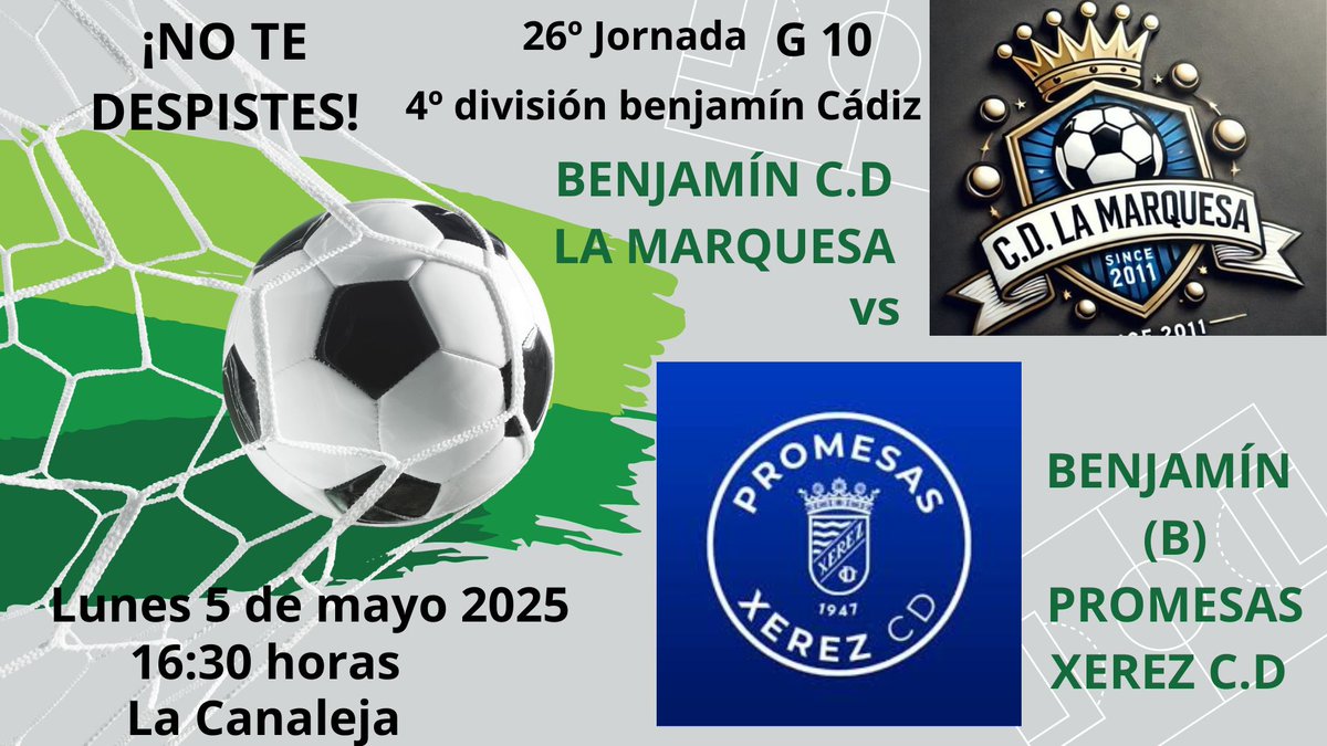 ¡Tienes cita con nuestros pequeños gigantes del benjamín <a href="/CdMarquesa/">CD La Marquesa</a>  este lunes 5 de mayo. Encaramos las últimas 5 jornadas del campeonato con la ilusión de seguir demostrando cuanto se ha mejorado. Nuestro rival el benjamín (B) <a href="/XerezCantera/">Promesas Xerez CD</a>  que no nos lo pondrá nada fácil.