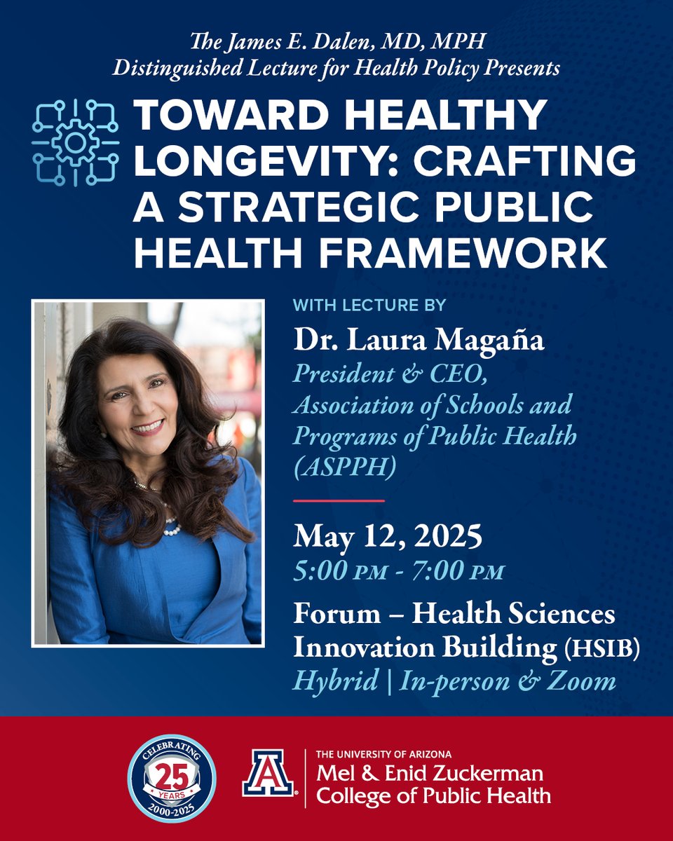 How can public health promote LONGEVITY?

Be sure to join Dr. Laura Magaña's lecture on crafting a strategic public health framework for a longer healthspan! May 12, HSIB, doors 5pm, presentation 5:30pm.

Register now! publichealth.arizona.edu/calendar/2025/…