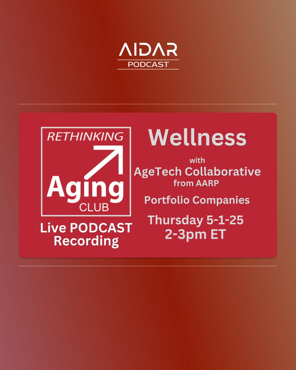 Aidar Health (@aidarhealth) on Twitter photo We are excited to announce our CEO, <a href="/SathyaElumalai/">Sathya Elumalai</a>, will be speaking today on the "Rethinking Aging Club Podcast" alongside fellow <a href="/AgeTechCollab/">AgeTech Collaborative™ from AARP (ILabs)</a> innovators!
📅 May 1, 2025 | 🕑 2–3 PM ET
🔗 Join us: lnkd.in/g9GeU5JF We are excited to announce our CEO, <a href="/SathyaElumalai/">Sathya Elumalai</a>, will be speaking today on the "Rethinking Aging Club Podcast" alongside fellow <a href="/AgeTechCollab/">AgeTech Collaborative™ from AARP (ILabs)</a> innovators!
📅 May 1, 2025 | 🕑 2–3 PM ET
🔗 Join us: lnkd.in/g9GeU5JF