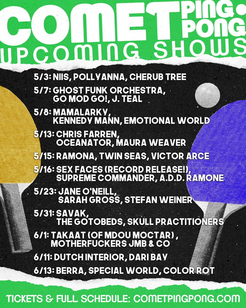 Rediscover Fire Booking (@rediscover_fire) on Twitter photo 🏓 UPCOMING EVENTS 🏓
At <a href="/cometpingpong/">Comet Ping Pong</a>!
Check out the full schedule and get tickets now!
🎟: cometpingpong.com/livemusic 🏓 UPCOMING EVENTS 🏓
At <a href="/cometpingpong/">Comet Ping Pong</a>!
Check out the full schedule and get tickets now!
🎟: cometpingpong.com/livemusic