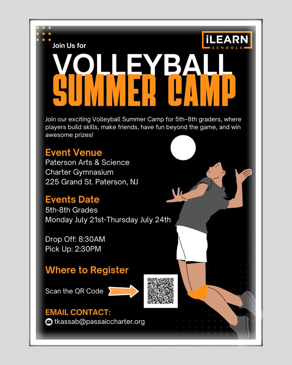 iLearn Volleyball Summer Camp is open to students entering grades 5–8!

Build skills, stay active, and have fun with experienced coaches in a supportive environment.

Spots are limited—register today:  students.arbitersports.com/passaic-arts-a…