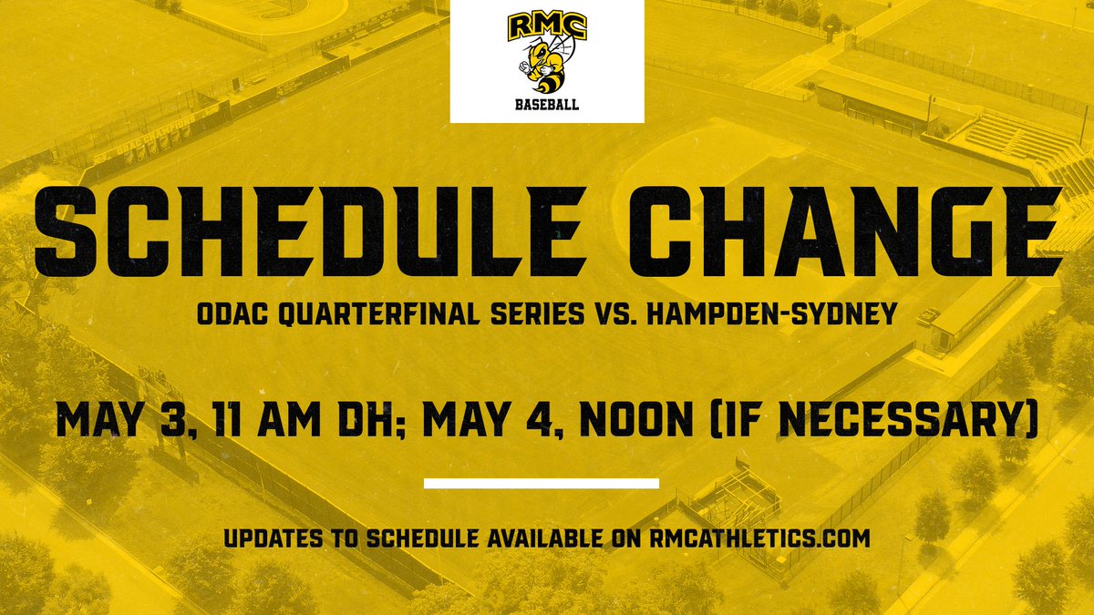 Randolph-Macon College Athletics (@rmcathletics) on Twitter photo Schedule change for ODAC quarterfinal series between <a href="/RMCJackets/">R-MC Baseball</a> & <a href="/HSCathletics/">H-SC Athletics</a> . #d3baseball #SWARMSZN rmcathletics.com/news/2025/5/1/… Schedule change for ODAC quarterfinal series between <a href="/RMCJackets/">R-MC Baseball</a> & <a href="/HSCathletics/">H-SC Athletics</a> . #d3baseball #SWARMSZN rmcathletics.com/news/2025/5/1/…