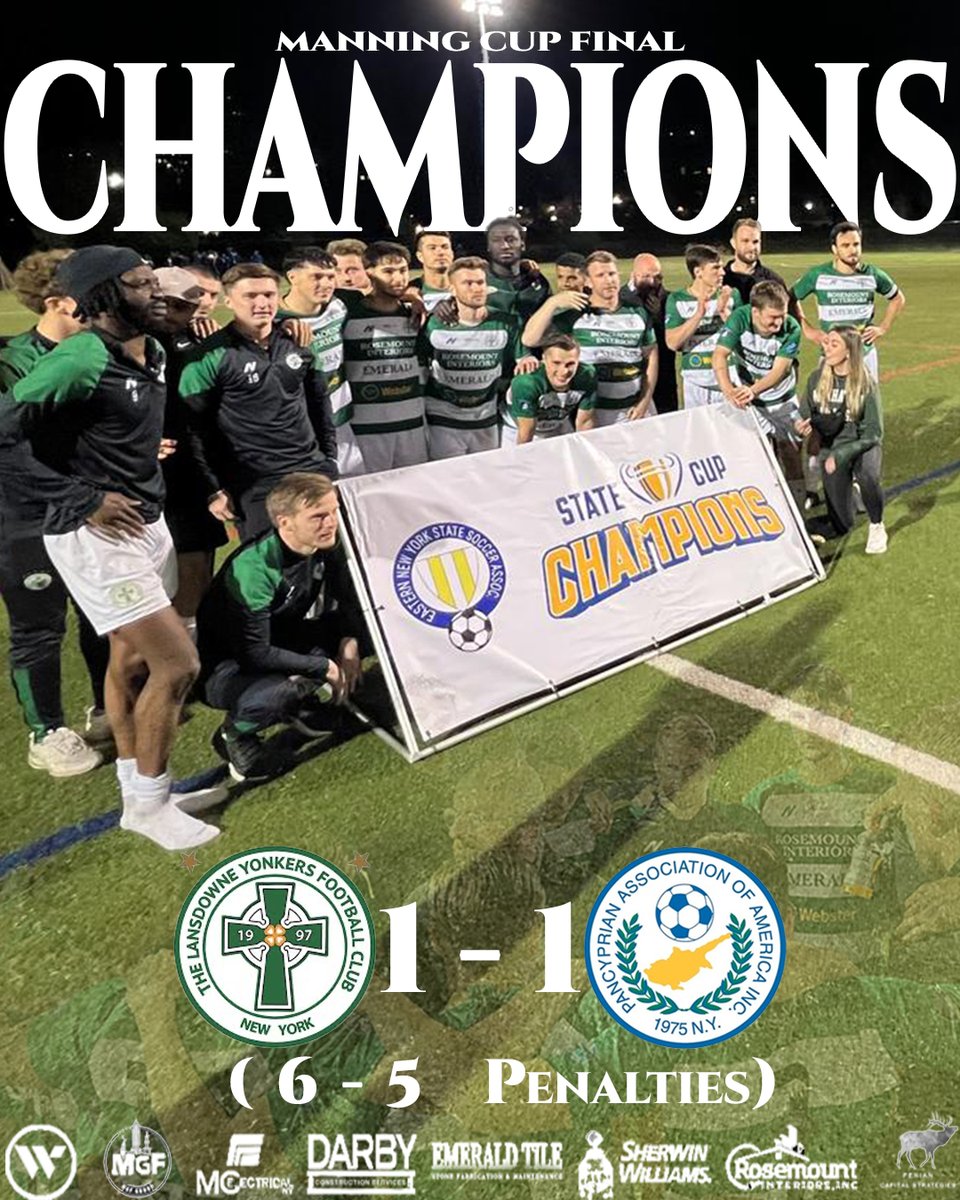 CHAMPIONS!
Lansdowne Yonkers are your 2025 Manning Cup winners!
After a tense 1-1 draw with <a href="/NYPanFreedoms/">Pancyprian Freedoms</a> , the Bhoys held their nerve to win 6-5 on penalties.
Massive respect to Pancyprian's for a great final.
Hosted by the <a href="/ENYSSASoccer/">ENYSSA</a> 
Big thank you to <a href="/newlogicaltech/">New Logical</a> 🎥👏