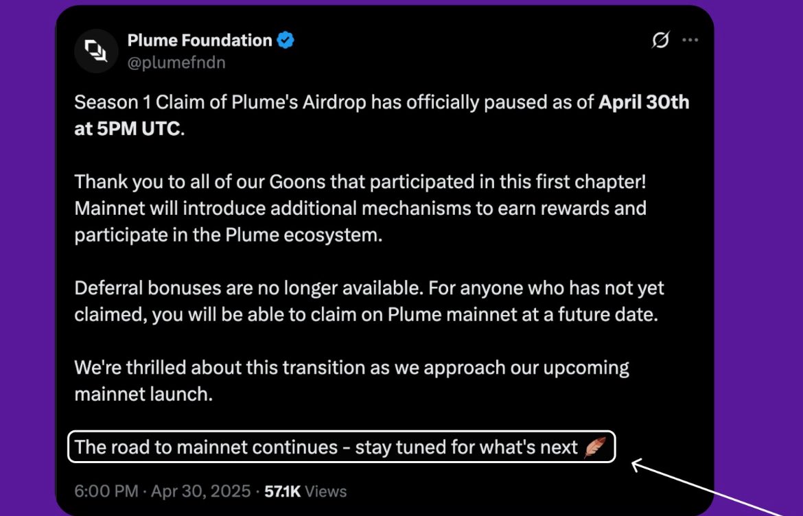 $PLUME mainnet imminent 🔥