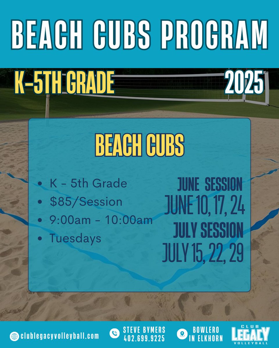 Summer is here ☀️ 

Registration for Beach is live! We are so excited to announce two different options this summer for our beach program! 

Link to register: clublegacyvba.leagueapps.com/clubteams/4593…