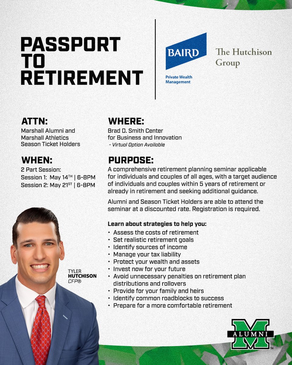 In collaboration with Marshall Online and the Big Green Scholarship Foundation, the Marshall University Alumni Association is offering a Retirement Literacy Seminar.

✅ Register today: marshall.geniussis.com/catalog/course…