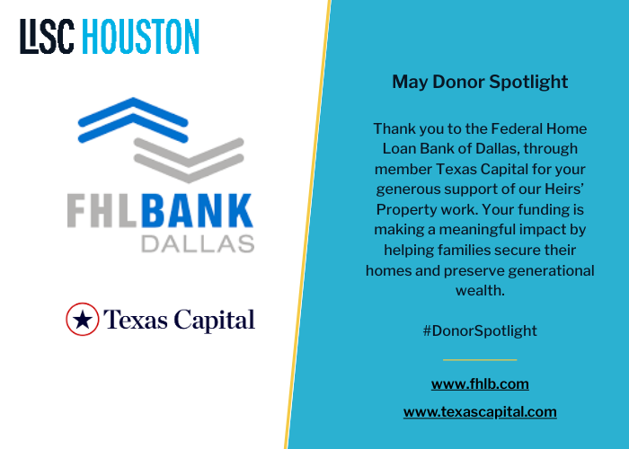 Thank you to the <a href="/FHLBDallas/">FHLB Dallas</a>  through member <a href="/_texascapital/">Texas Capital</a>  for your generous support of our Heirs’ Property work. Your funding is making a meaningful impact by helping families secure their homes and preserve generational wealth. #DonorSpotlight
