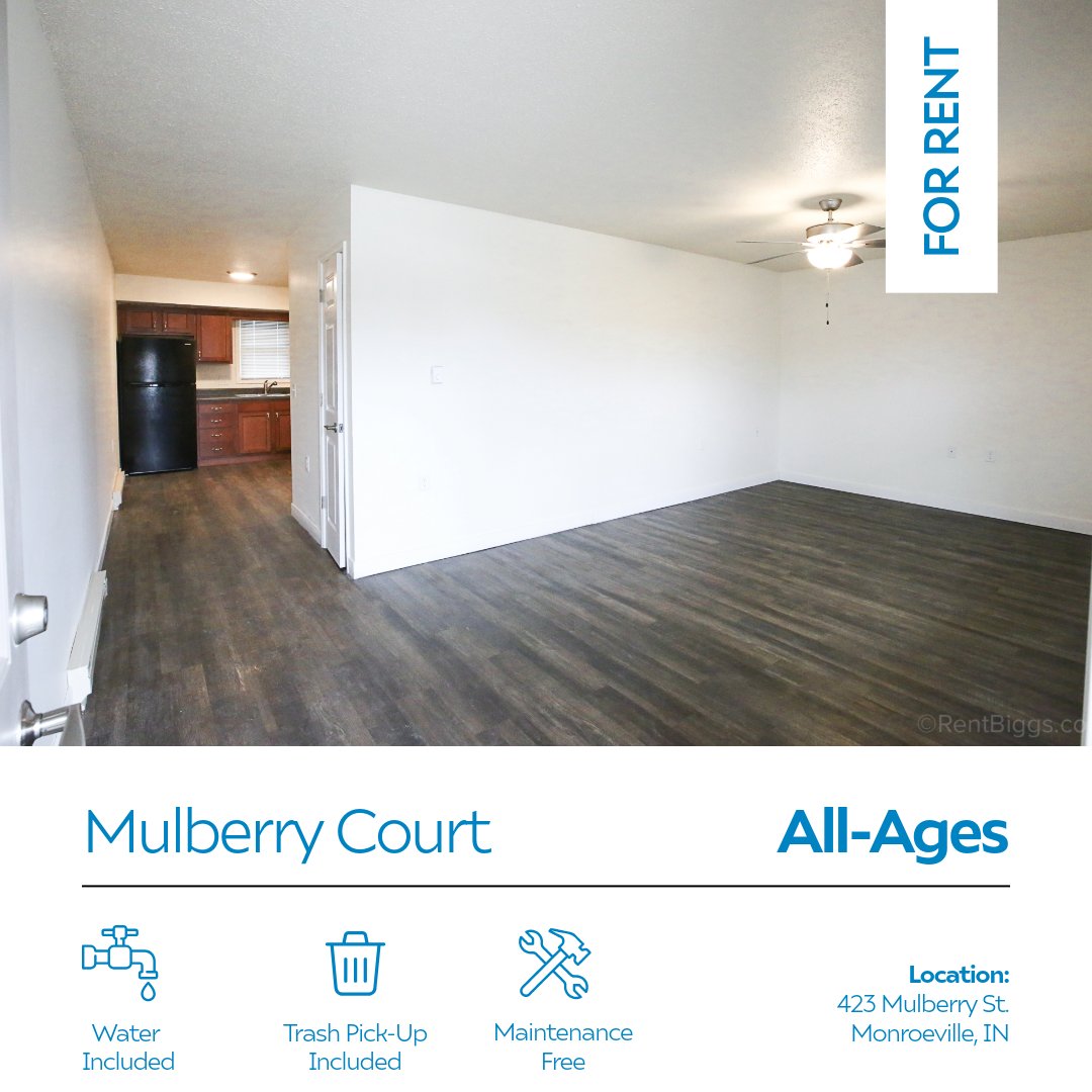 biggsPM's tweet photo. 🪧 Now Leasing with immediate availability!
🏡 Mulberry Court Apts.
📍 Monroeville, IN
✅ 1 &amp; 2 Bedrooms available. 
✅ Income qualifications apply. 
⚒️ Water &amp; Trash Pick-up included
#RentBiggs https://t.co/P26z9CtCwA