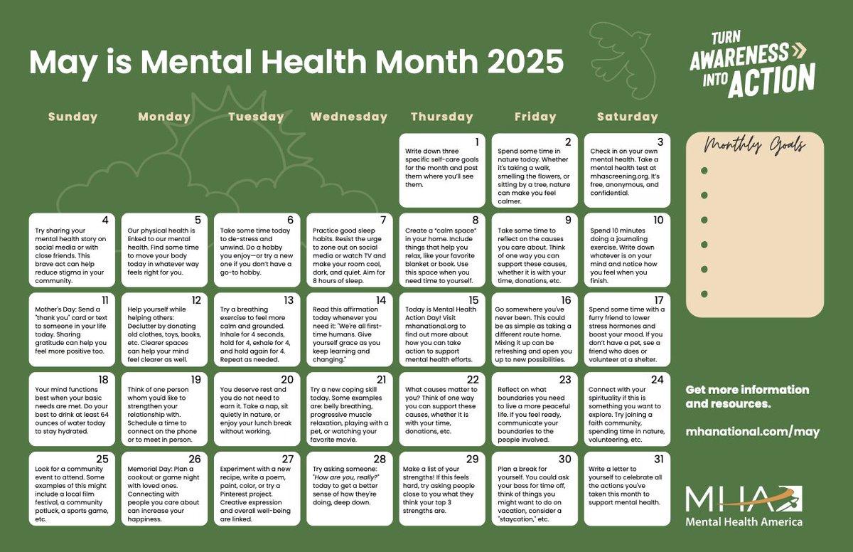 ConnPsy's tweet photo. 🌿 May is Mental Health Awareness Month!
Every day this month, we invite you to take small, intentional steps to support your mental well-being. 💚

Download 📅 here: [https://t.co/LbcVssoxGx]

#MentalHealth  #31DaysOfWellness #MentalHealthAwarenessMonth https://t.co/C83g4707pe