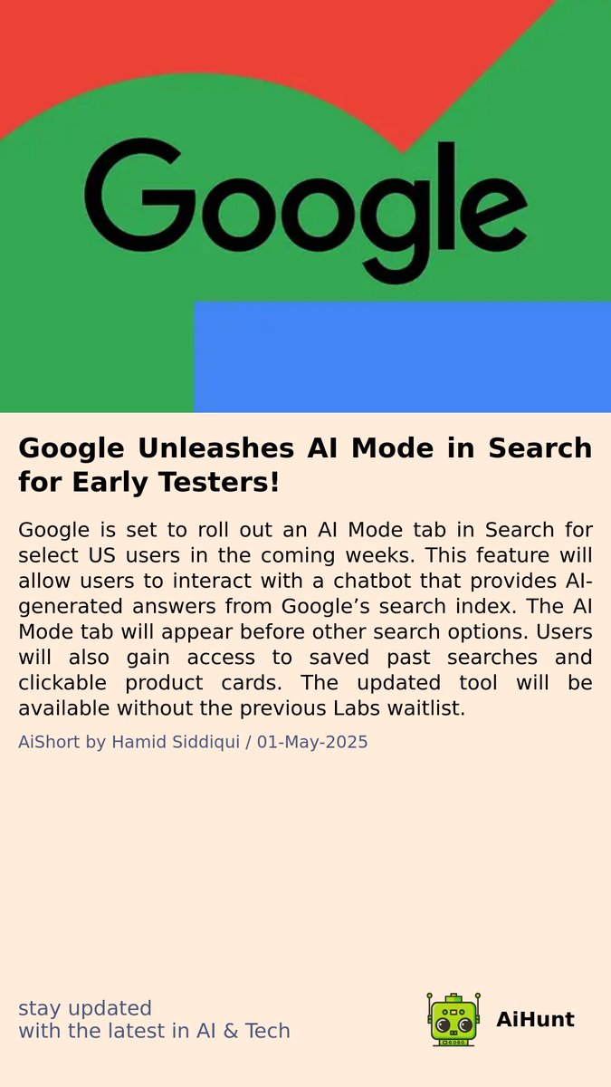 aihuntapp's tweet image. 🔍 Big changes are coming to Google Search! Ever wondered how AI could transform the way you find information? 🌟 Stay tuned as a new feature is set to roll out soon. You won&apos;t want to miss this! 👀 #GoogleAI #Innovation #SearchSmart