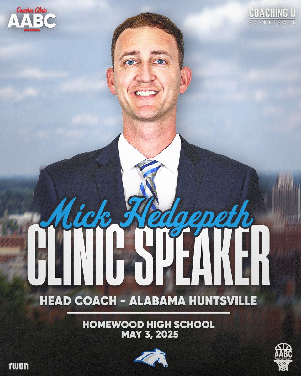 Alabama Huntsville head coach Mick Hedgepeth will be speaking May 3rd at the 3rd Annual AABC Coaching Clinic pres. by Coaching U! 

🏀 Learn More:
🔗 aabcclinic.com/2025
