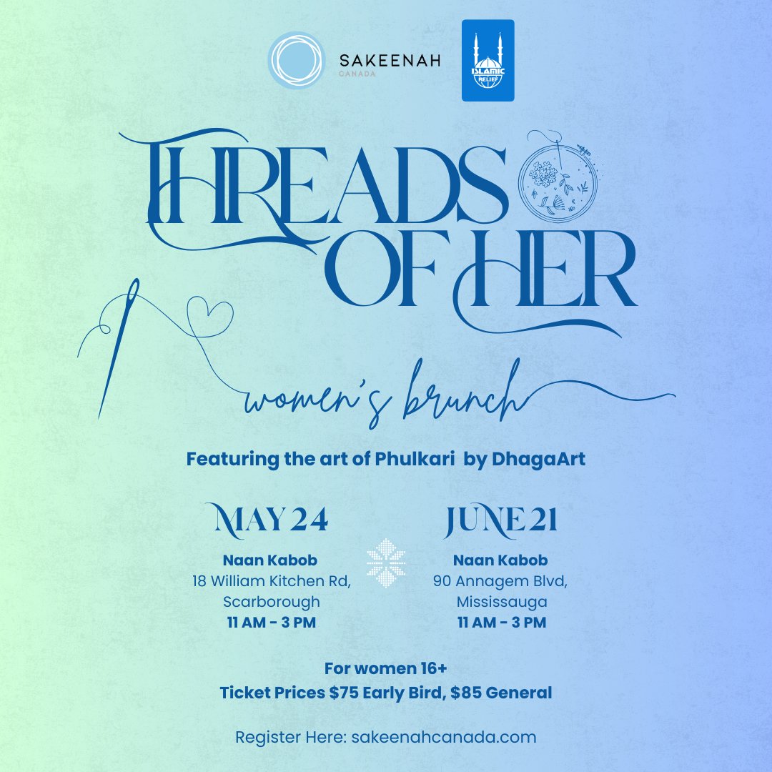 In collaboration with Islamic Relief Canada and led by DhagaArt, this event brings women together through the vibrant tradition of phulkari — weaving hope with Sakeenah, one stitch at a time.

📩 RSVP using the links in our bio!