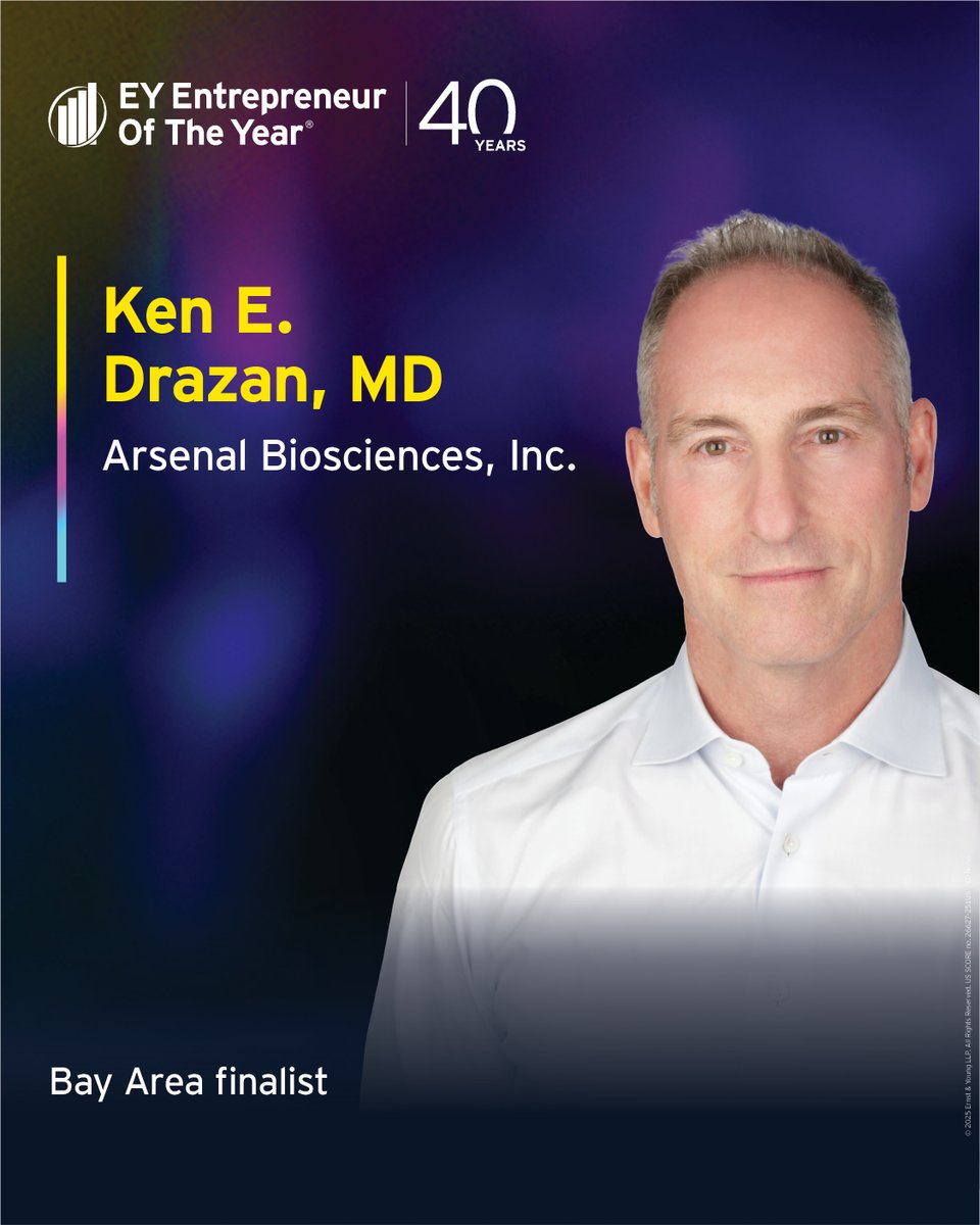 ArsenalBio (@arsenalbio) on Twitter photo We’re proud to share that <a href="/KDrazan/">ken drazan</a>, MD, ArsenalBio’s Co-founder, CEO, and Chairman, has been recognized along with other inspiring business leaders as a finalist in the EY Entrepreneur Of The Year® 2025 Bay Area program. Learn more: go.ey.com/4jIJ7Xu
#EOYUS #EOYBAYAREA We’re proud to share that <a href="/KDrazan/">ken drazan</a>, MD, ArsenalBio’s Co-founder, CEO, and Chairman, has been recognized along with other inspiring business leaders as a finalist in the EY Entrepreneur Of The Year® 2025 Bay Area program. Learn more: go.ey.com/4jIJ7Xu
#EOYUS #EOYBAYAREA