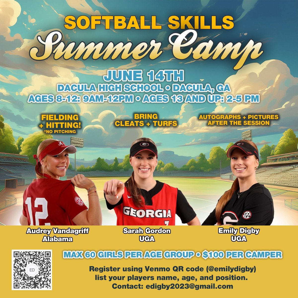 Dacula High School Softball (@dacula_softball) on Twitter photo Come get instruction from top <a href="/SECSoftball1/">SEC Softball</a> talent this summer!!
<a href="/DaculaHS/">Dacula High School</a> grad and <a href="/UGASoftball/">Georgia Softball</a> SS <a href="/emily_digby/">Emily Digby</a>
<a href="/UA_Athletics/">Alabama Athletics</a> CF <a href="/avandagriff12/">audrey vandagriff</a>
& Bulldog <a href="/sarahgordon008/">sarah gordon</a> Come get instruction from top <a href="/SECSoftball1/">SEC Softball</a> talent this summer!!
<a href="/DaculaHS/">Dacula High School</a> grad and <a href="/UGASoftball/">Georgia Softball</a> SS <a href="/emily_digby/">Emily Digby</a>
<a href="/UA_Athletics/">Alabama Athletics</a> CF <a href="/avandagriff12/">audrey vandagriff</a>
& Bulldog <a href="/sarahgordon008/">sarah gordon</a>