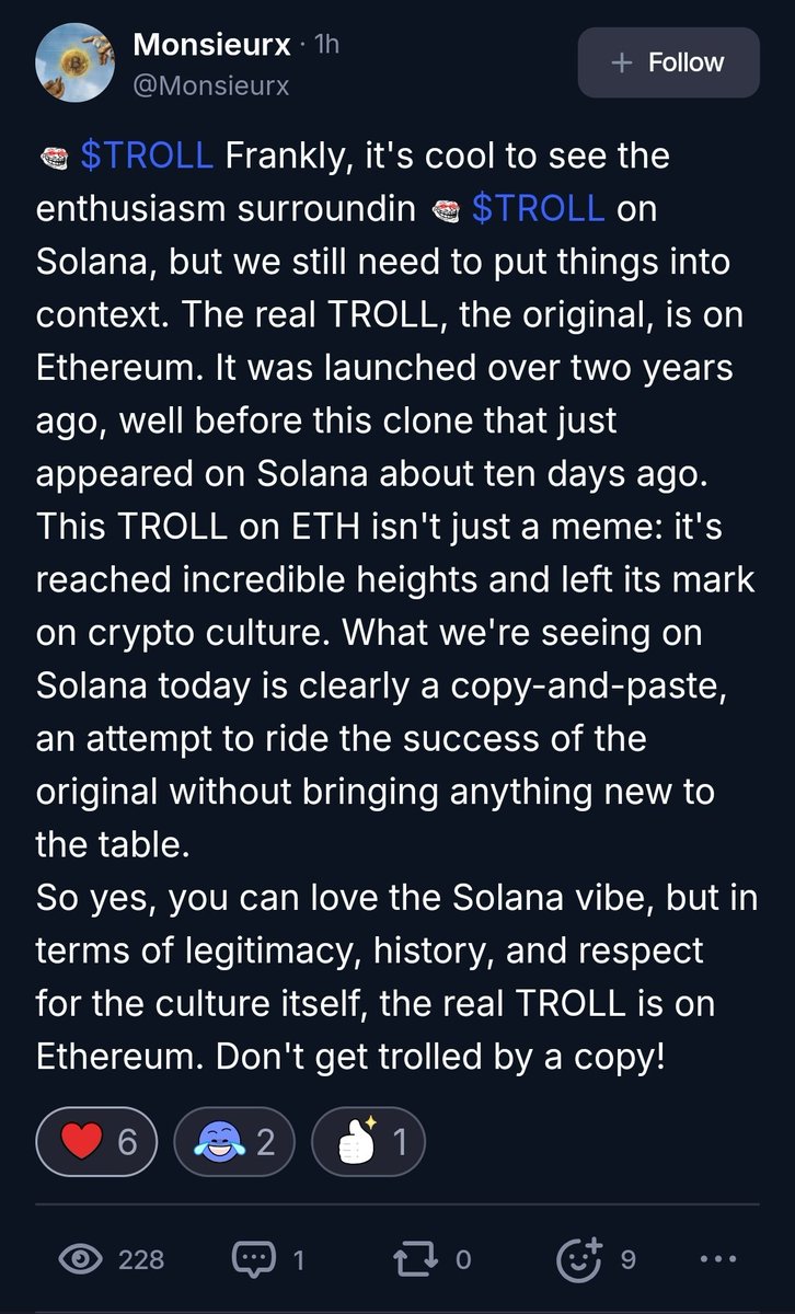Some really interesting thoughts on <a href="/CoinMarketCap/">CoinMarketCap</a> about $TROLL memecoin: $ETH one is the original $TROLL, $SOL one is pretty good too, but without real history!