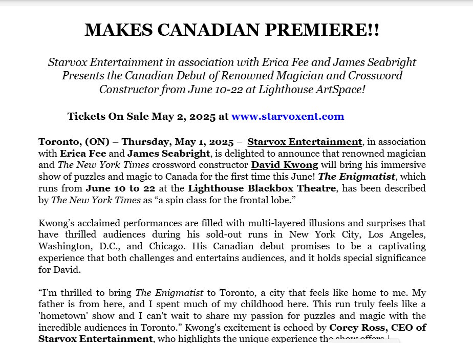 Brighton's own David Kwong, the "Enigmatist," will soon have some shows in Toronto. <a href="/RochesterFringe/">ESL Rochester Fringe Festival</a> founding producer Erica Fee is one of team bringing him. (1/2)